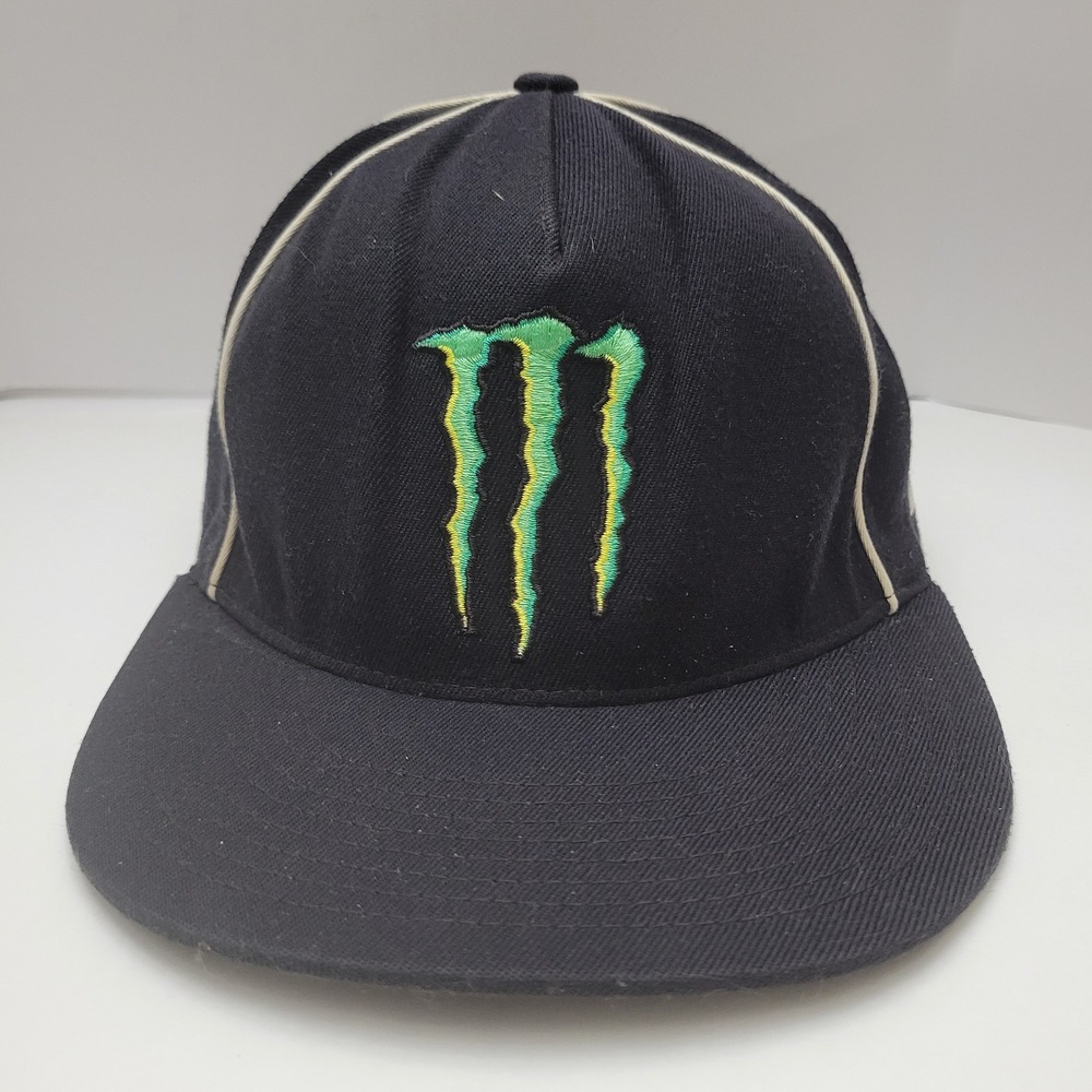 Monster Energy Fitted Hat‎ Black FlexFit Stretch OSFA Pinstripe Cap M Logo